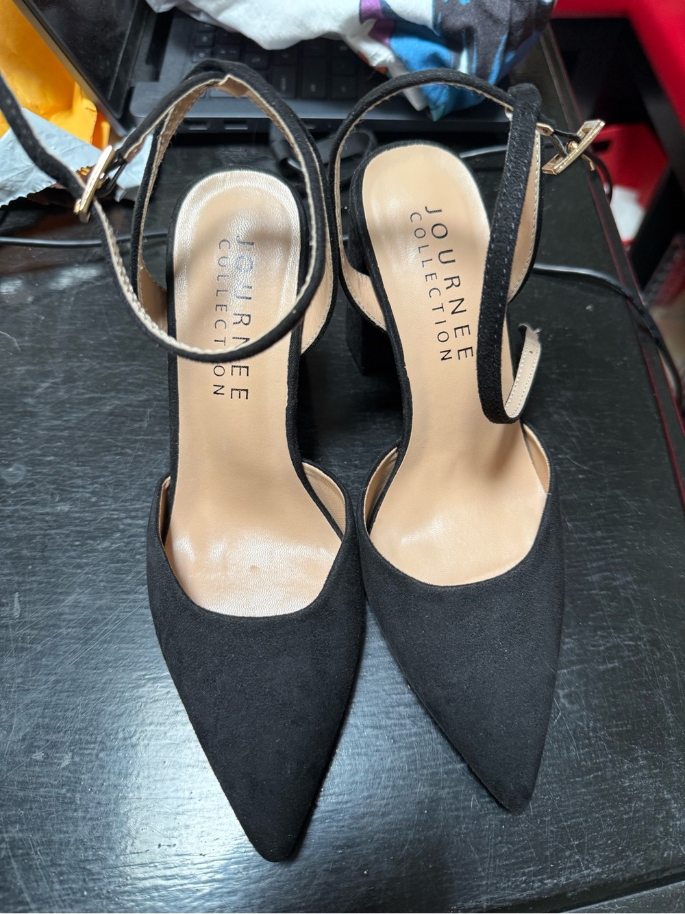 Journee Collection Black Pointed Ankle-Strap Pumps with Gold Buckle